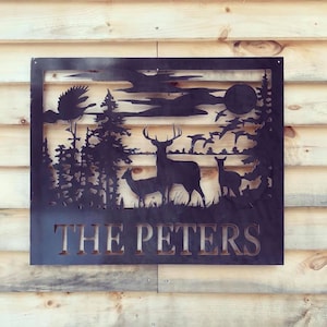 Personalized Metal Wildlife Sign - Steel Sign - Outdoor/Indoor Name Sign -Metal Cabin Sign - Personalized Last Name Sign - Deer Sign