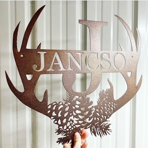 Metal Personalized Sign with Antlers- Custom Metal Last Name Sign- Family Name Sign- Hunting Gift For Men -Antlers Monogram - Family Name