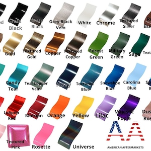 Puede incluir: Una tabla de 36 colores de pintura diferentes, incluyendo negro texturizado, negro brillante, negro mate, veta negra gris, blanco, cromo, plata texturizada, cubo de &oacute;xido, marr&oacute;n tacoma, oro, oro texturizado, cobre, cobre texturizado, verde bosque, verde militar, salvia, verde ne&oacute;n texturizado, azul verdoso, azul caramelo, veta de cobre azul verdoso, azul marino, azul texturizado, azul raqueta de nieve, azul carolina, azul brillante, rojo pasi&oacute;n texturizado, rojo piruleta, granate, naranja, amarillo, lila, morado majestuoso, rosa polvoriento, rosa bonito, rosa texturizado, roseta y universo.