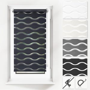 May include: A dark grey roller blind with a wave pattern, fitted in a white window frame. The blind is partially lowered, displaying the wave design. Additional fabric samples in white, grey, and black with wave patterns are shown.