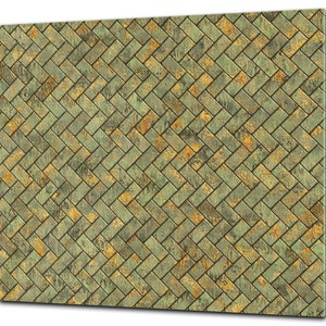 May include: A seamless pattern of green and gold woven tiles. The tiles are arranged in a diagonal pattern, creating a textured and intricate design.