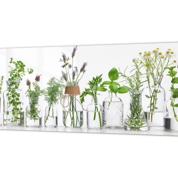 Stunning glass wall art - Wide format  backsplash with magnetic properties Flowers&Plants Series: Herb bottles on white