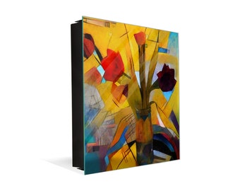 Key Cabinet Storage Box - Tempered Glass Key Holder - Magnetic Whiteboard Memo Board - Stainless Steel Wall Art Organizer: Kandinsky Flowers