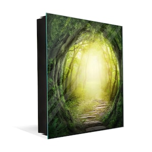 May include: A path through a lush green forest leads to a bright light at the end of the tunnel formed by the trees.