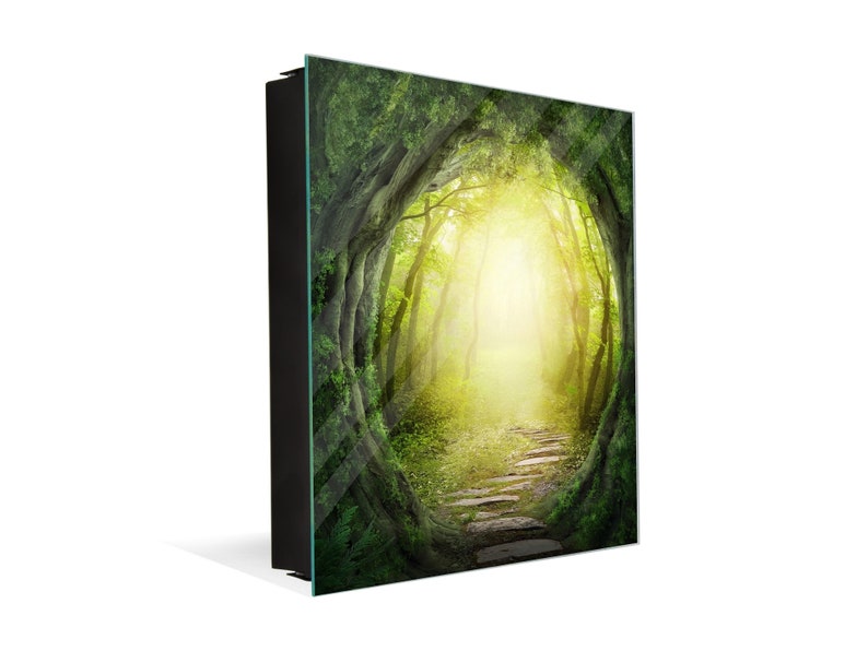 May include: A path through a lush green forest leads to a bright light at the end of the tunnel formed by the trees.