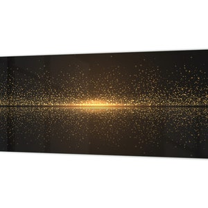 Wide-format glass kitchen panel with and w/o stainless steel metal back-coating: Sparkling golden dust