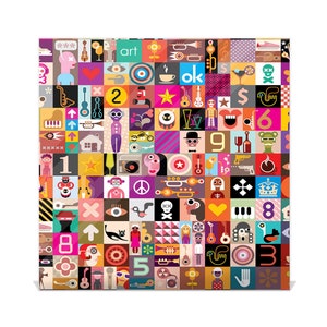 Puede incluir: Una colorida impresi&oacute;n de estilo pop art con una cuadr&iacute;cula de cuadrados con varias ilustraciones. La obra de arte incluye instrumentos musicales, n&uacute;meros, caras y la palabra "art". La paleta de colores es vibrante, con una mezcla de rojo, amarillo, azul y verde.