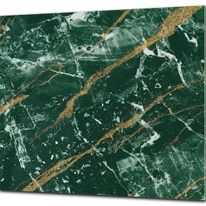 CUTTING BOARD and Cooktop Cover - Impact & Shatter Resistant Glass Marbles 1 Series: Green marble with golden veins 1
