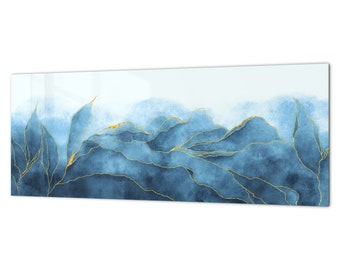 Stunning glass wall art - Wide format backsplash with or w/o stainless steel back - Marbles 1 Series: Blue marble leaves