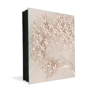 Wall-Mounted Key Cabinet with Tempered Glass Front- Magnetic Memo Board for Home & Entryway: Beige decorative tree