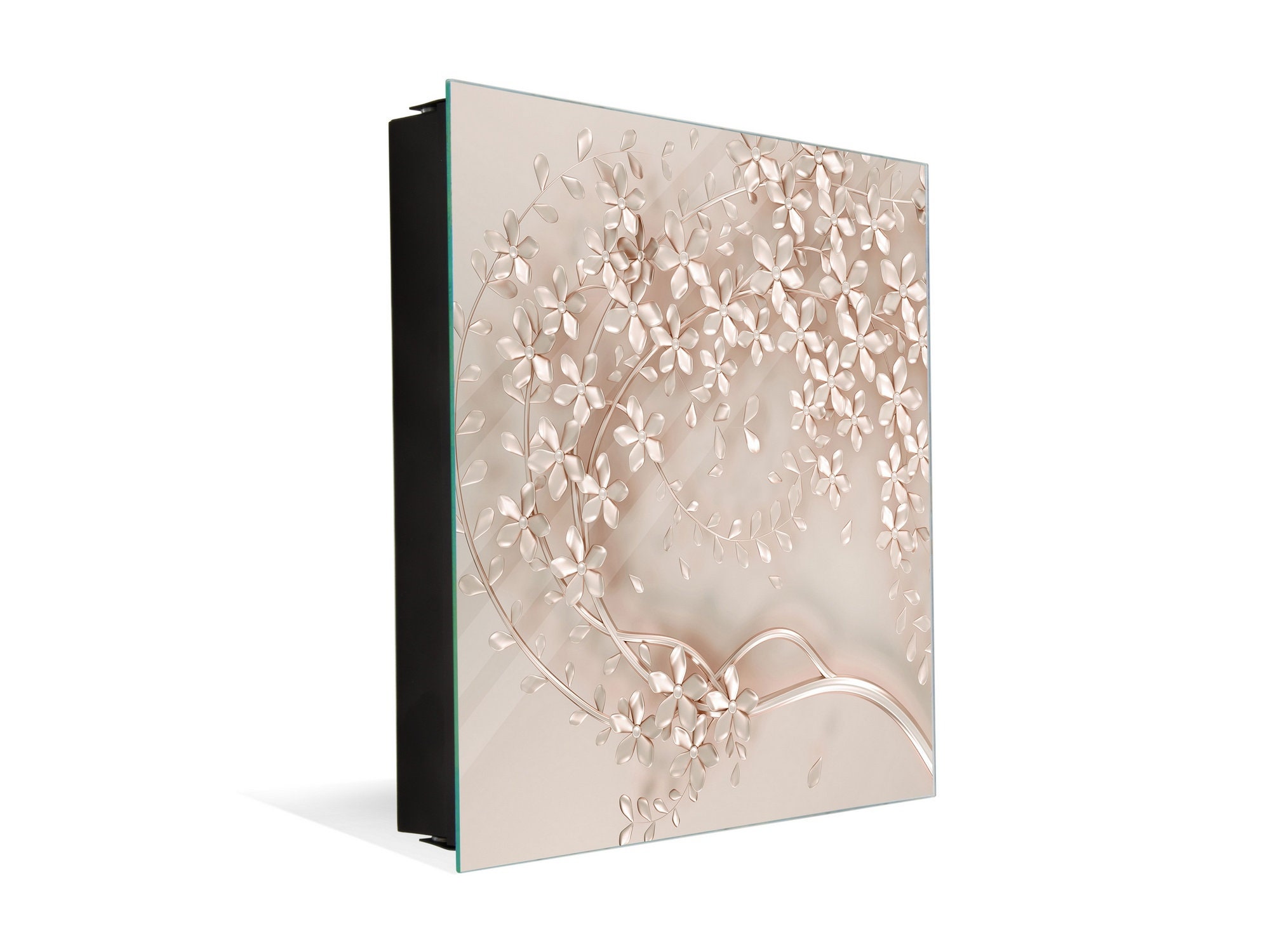 Armadietto portachiavi da parete con frontale in vetro temperato - bacheca magnetica per casa e ingresso: albero decorativo beige