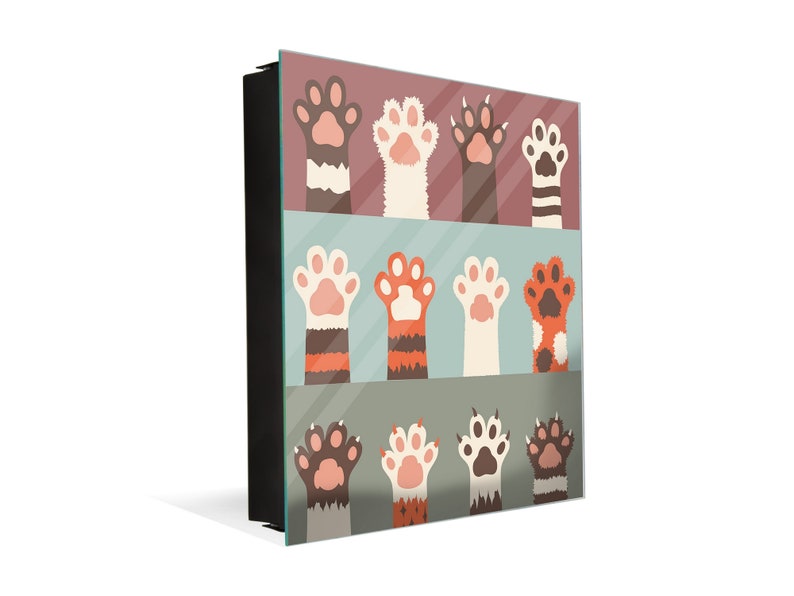 May include: A colorful illustration of nine cat paws with different colored fur patterns. The paws are arranged in three rows of three. The background is a light blue, light green, and pink.