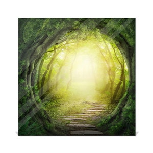 May include: A path through a lush green forest with sunlight shining through the trees. The path is made of stone and leads to a bright light at the end of the forest.