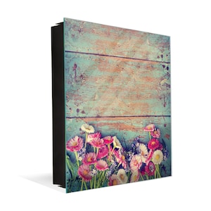 Wall-Mounted Key Box with Tempered Glass - Magnetic Memo Board & Wall Art for Entryways - Decorative Key cabinet: Summer flowers