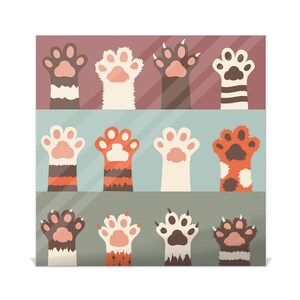 May include: Nine different cat paw prints with various colors and patterns. The paws are arranged in three rows of three. The paws are all facing upwards.