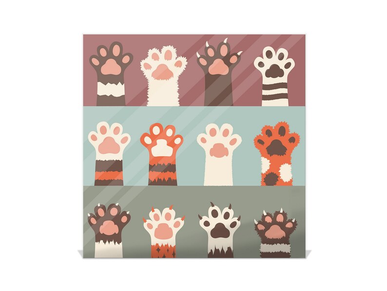 May include: Nine different cat paw prints with various colors and patterns. The paws are arranged in three rows of three. The paws are all facing upwards.