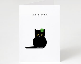 Good Luck Black Cat Clover Card | Wishing You Good Luck | Lucky Black Cat Card | Four Leaf Clover Card | Good Luck Card