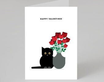 Black Cat and Vase of Roses, Greeting card