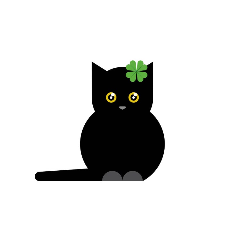 May include: A black cat illustration with yellow eyes and a green four-leaf clover on its head. The cat is sitting with its tail extended to the left. The background is white.