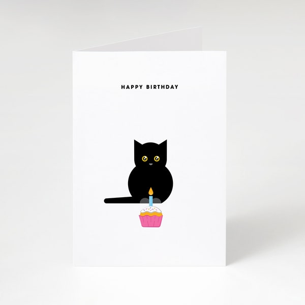 Happy Birthday Black Cat and Cake | Cat Birthday Card | Birthday Card from the Cat | Card for a Cat Lover | Cute Cat Birthday Card