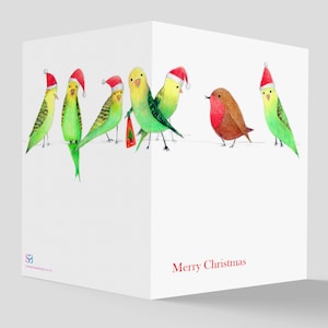 May include: A folded Christmas card with an illustration of parakeets and a robin, all wearing Santa hats. The parakeets are green and yellow, and the robin is brown. The words "Merry Christmas" are printed in red on the card.