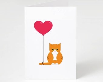 Puede incluir: Tarjeta de felicitación blanca plegada con una ilustración de dibujos animados de un gato naranja con rayas marrones, sosteniendo un globo rojo en forma de corazón. El globo está atado a la cola del gato con una cuerda negra. El gato tiene la barriga blanca.