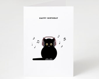 Happy Birthday Black Cat Music | Happy Father's Day Card | Happy Birthday Card for a Music Lover | Cat and Music Lover Birthday Card