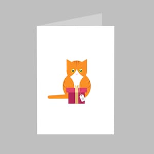 May include: A greeting card with a cartoon orange tabby cat holding a burgundy gift box with a white tag. The cat has a white chest and belly, and the gift box has a white tag with a paw print.