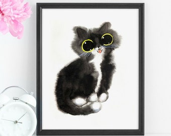 Fluffy Tuxedo Cat Art Print, Instant Download Art Printable, Cat Lover Home Decor Gift