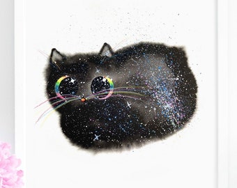 Rainbow Black Loaf Galaxy Cat Art Print, INSTANT DOWNLOAD Art Printable, Cat Lover Gift Decor