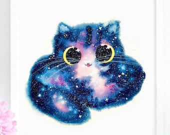 Blue and Pink Galaxy Cat Art Print, INSTANT DOWNLOAD Art Printable, Cat Lover Decor