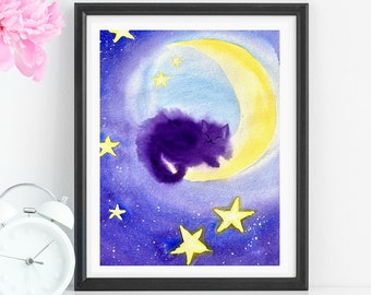 Cat On The Moon And Stars, Nursery Wall Art, Animal Nursery Decor, Cat Lovers Gift