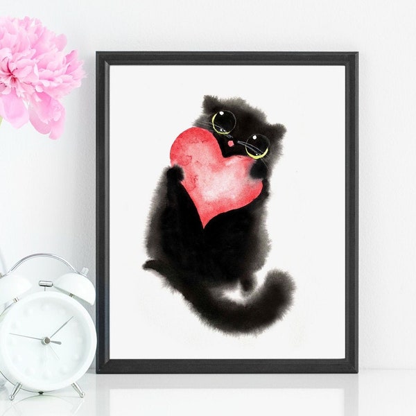 Black Valentine Cat With Heart Art Print, Instant Download Art Printable, Cat Lover Valentines Day Gift Decor