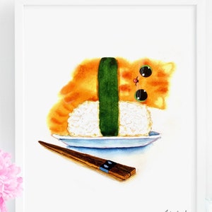 Sushi Cat Art Print, INSTANT DOWNLOAD Art Printable, Orange Tabby Cat Lover Gift