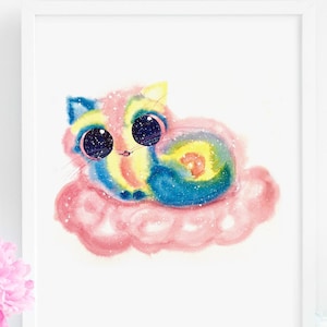 Rainbow Pastel Cloud Cat Art Print, INSTANT DOWNLOAD Art Printable, Cat Lover Gift Decor