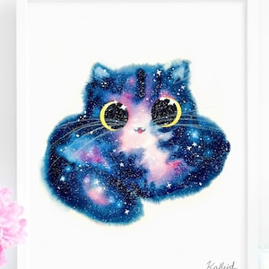 Blue and Pink Galaxy Cat Art Print, INSTANT DOWNLOAD Art Printable, Cat Lover Decor