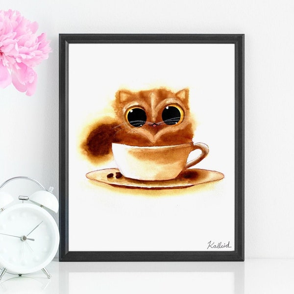 Coffee Cat Art Print, INSTANT DOWNLOAD Art Printable, Cat Lover Mothers Day Gift