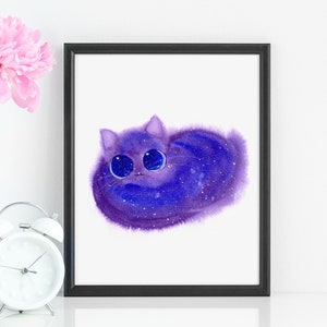 Cat Lover Gift, Fluffy Purple Galaxy Cat Loaf Art Print, Instant Download Art Printable, Cat Lover Illustration