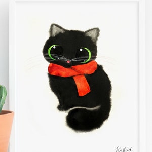 Cat Lover Gift, Black Cat with Scarf Art Print, INSTANT DOWNLOAD Art Printable, Cat Lover Autumn Decor