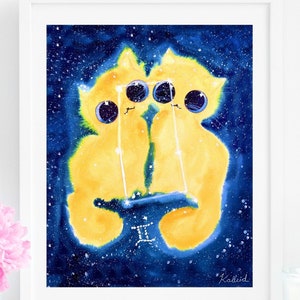 Zodiac Gemini Cat Art Print, INSTANT DOWNLOAD Art Printable, Cat Lover Gift