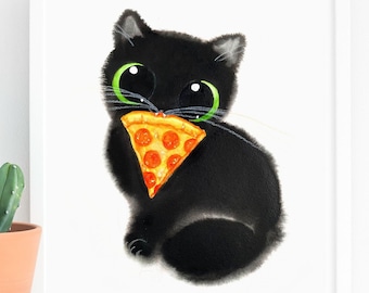 Kattälskare, konsttryck för pizzakatt, direkt nedladdning, utskrivbar konst, presentdekor för kattälskare