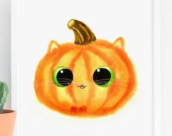 Cat Lover Gift, Pumpkin Cat Art Print, INSTANT DOWNLOAD Art Printable, Cat Lover Halloween Autumn Decor