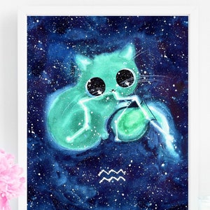 Zodiac Aquarius Cat Art Print, INSTANT DOWNLOAD Art Printable, Cat Lover Gift