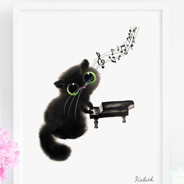 Musical Piano Playing Cat Art Print, INSTANT DOWNLOAD Art Printable, Cat Lover Gift Decor