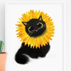 Chat tournesol, chat fleuri, art chat noir, impression chat noir, cadeau pour amoureux des chats, art drôle de chat, affiche de chat, illustration de chat noir