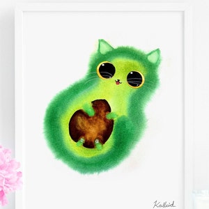 Avocado Cat Art Print, Instant Download Art Printable, Cat Lover Gift Decor