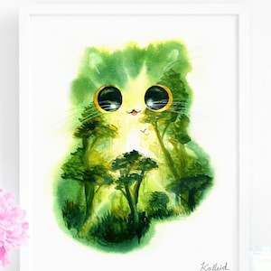 Cat Lover Gift, Forest Cat Art Print, INSTANT DOWNLOAD Art Printable, Emerald Green Wall Art