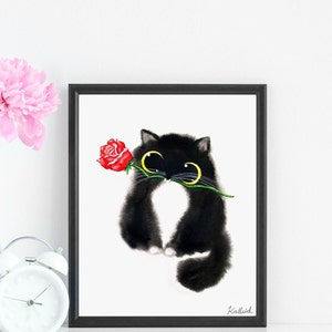 Tuxedo Cat With A Rose Art Print, Instant Download Art Printable, Cat Lover Gift Decor