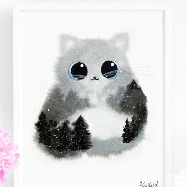 Snow Forest Cat Art Print, INSTANT DOWNLOAD Art Printable, Winter Holiday Cat Lover Gift Decor