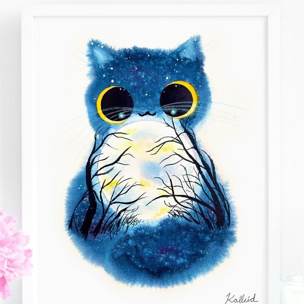 Full Moon In The Woods Cat Art Print, INSTANT DOWNLOAD Art Print, Cat Lover Gift Decor
